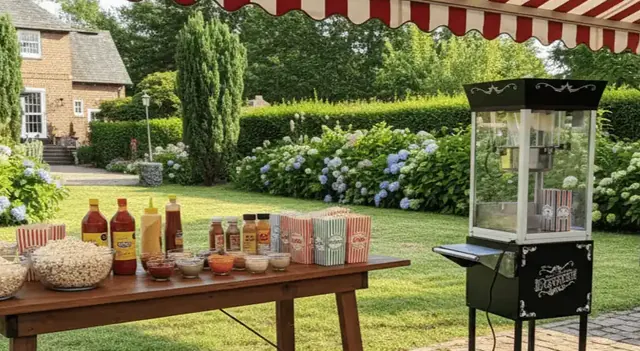 Máquina de palomitas junto a una mesa de salsas en un jardín