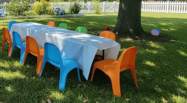 Mesa infantil con sillitas de colores en un jardín