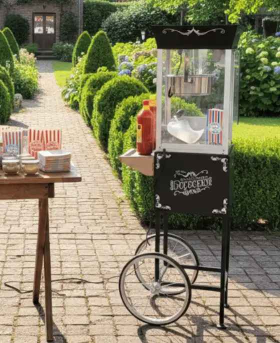 Máquina de palomitas con carrito y mesa de salsas para fiestas
