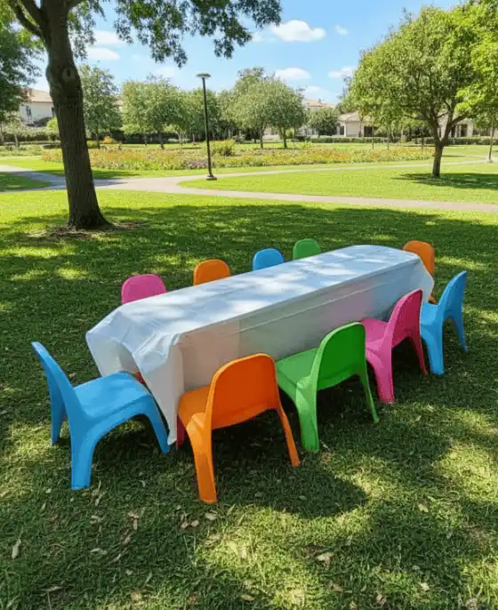 Mesa infantil con mantel blanco y sillitas de colores en un jardín