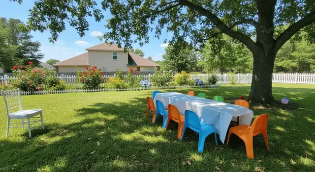 Mesa y sillas infantiles de colores bajo la sombra de un árbol en un jardín