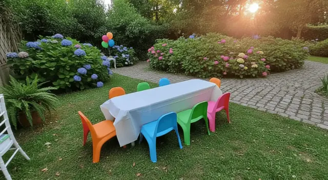 Mesa infantil con sillitas de colores en un jardín
