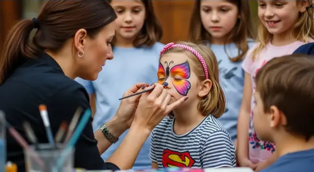 Niña con una mariposa pintada en la cara durante una fiesta