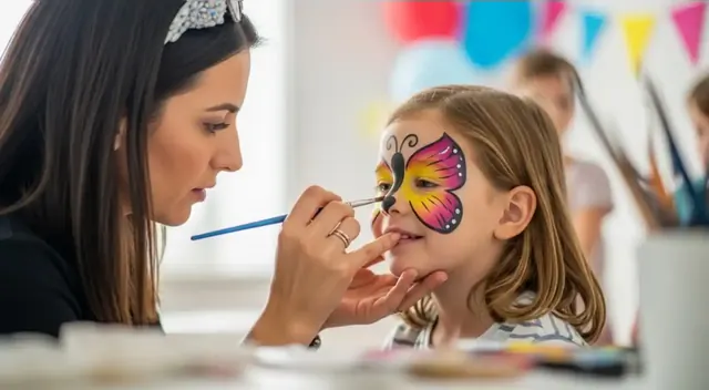 Pintacaritas pintando una mariposa en la cara de una niña